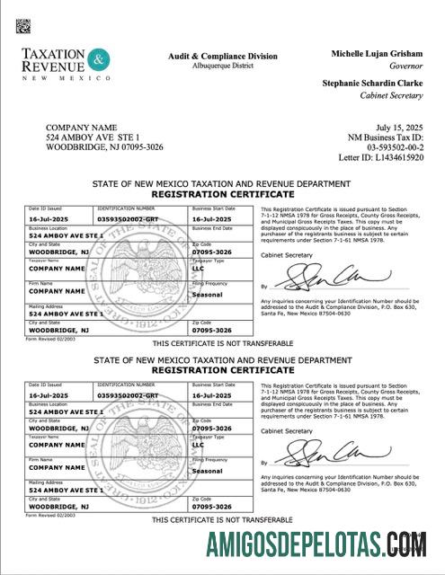 Certificado de registro em branco nos EUA Novo México modelo Word e PDF